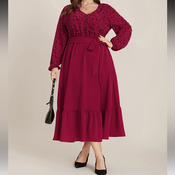 Plant Print Lantern Sleeve Pocket Belted Ruffles Hem Dress - Picture 2 of 5